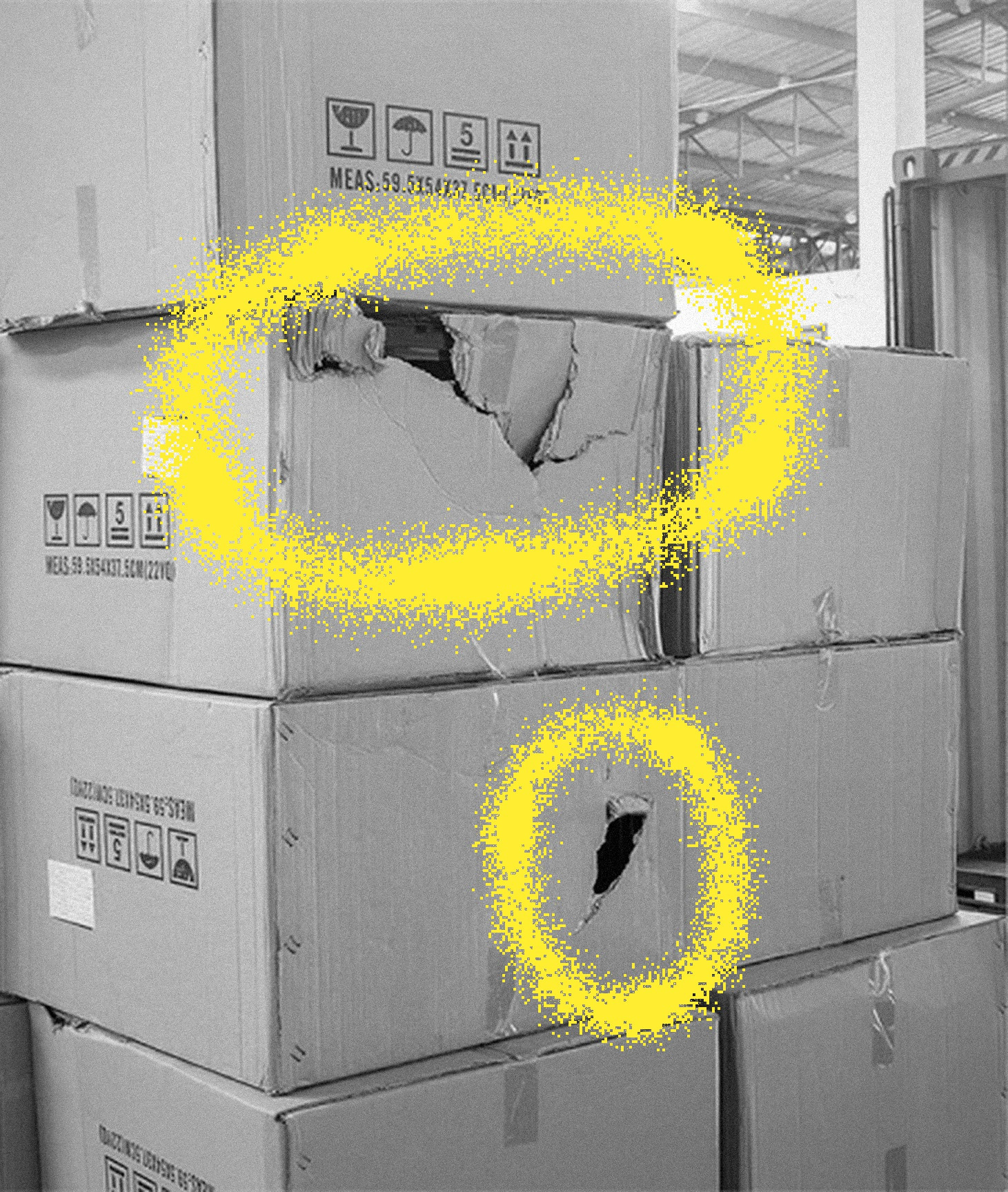 Stacked cartons in black and white with a torn box and a punctured box circled in yellow.