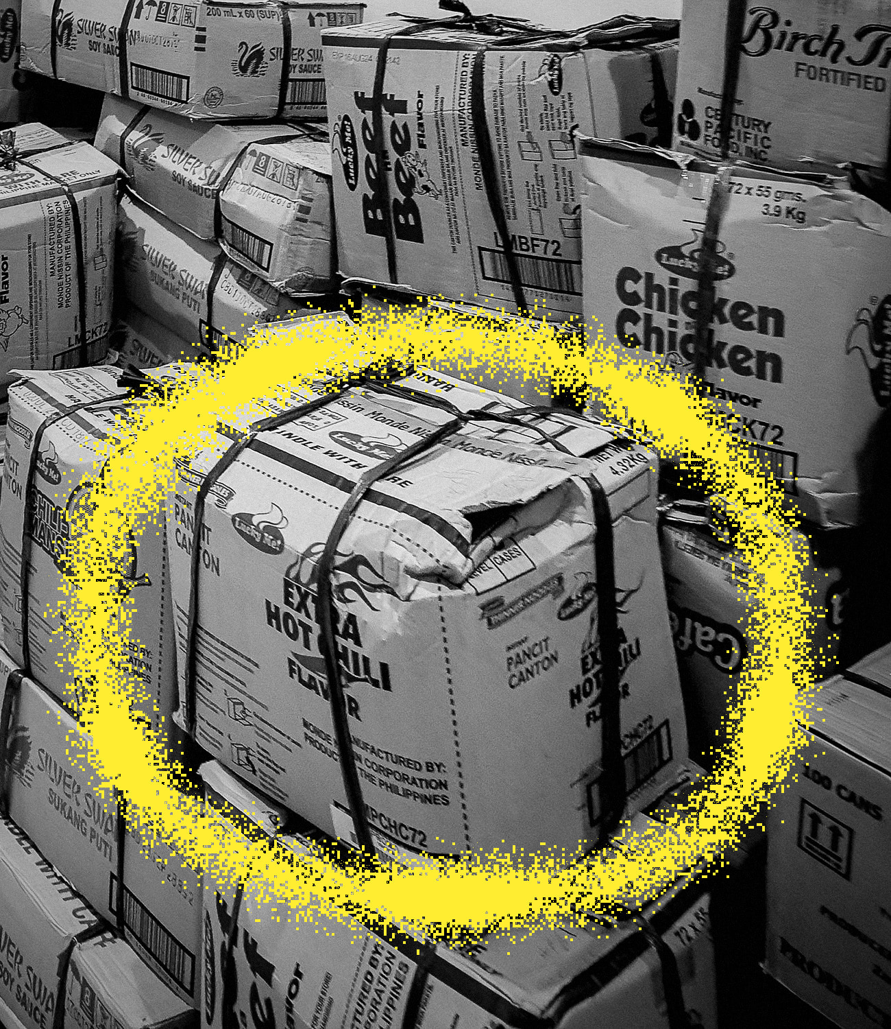 A strapped stack of cartons in black and white with one torn, sagging carton circled in yellow.
