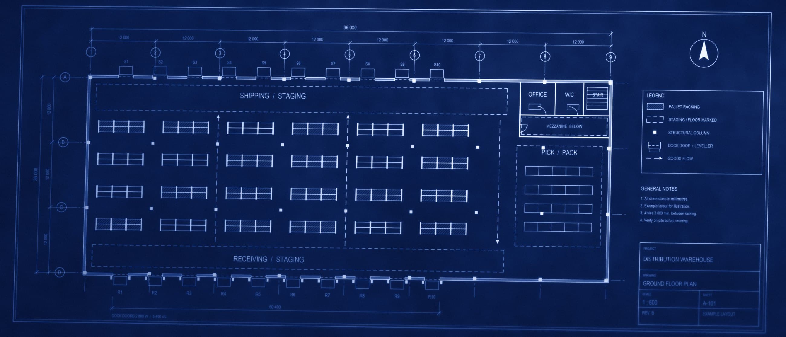 A whole navy blueprint sheet of a warehouse floor plan, with dock doors, racking, staging areas, a legend and a title block.